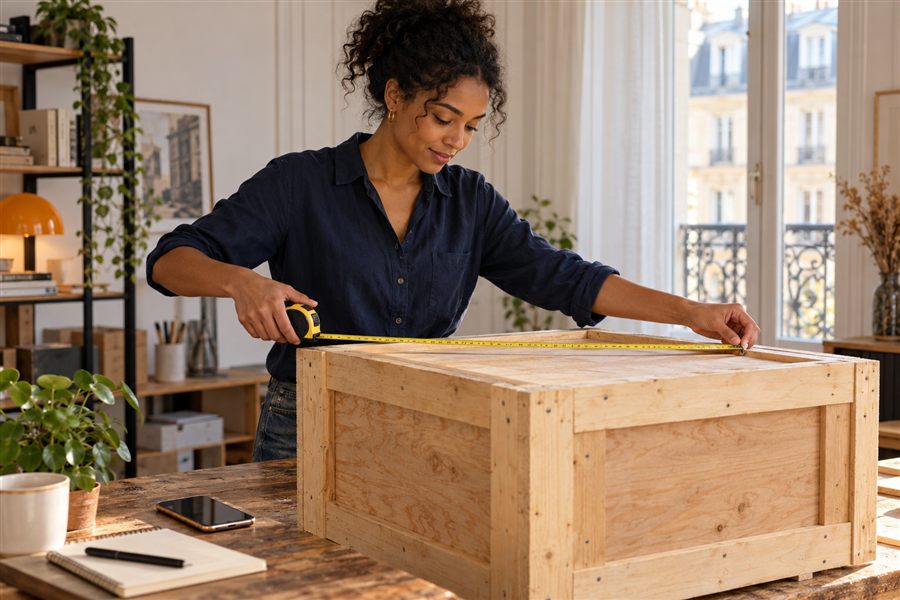 Une cliente mesure une caisse en bois avant de décrire son envoi