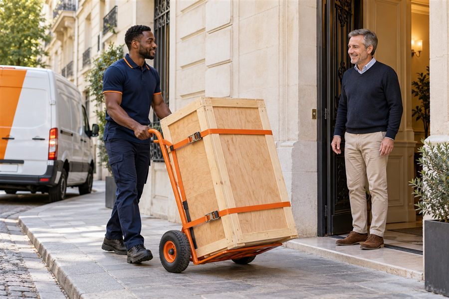 Un jeune livreur transporte une grande caisse en bois sanglée sur un diable
